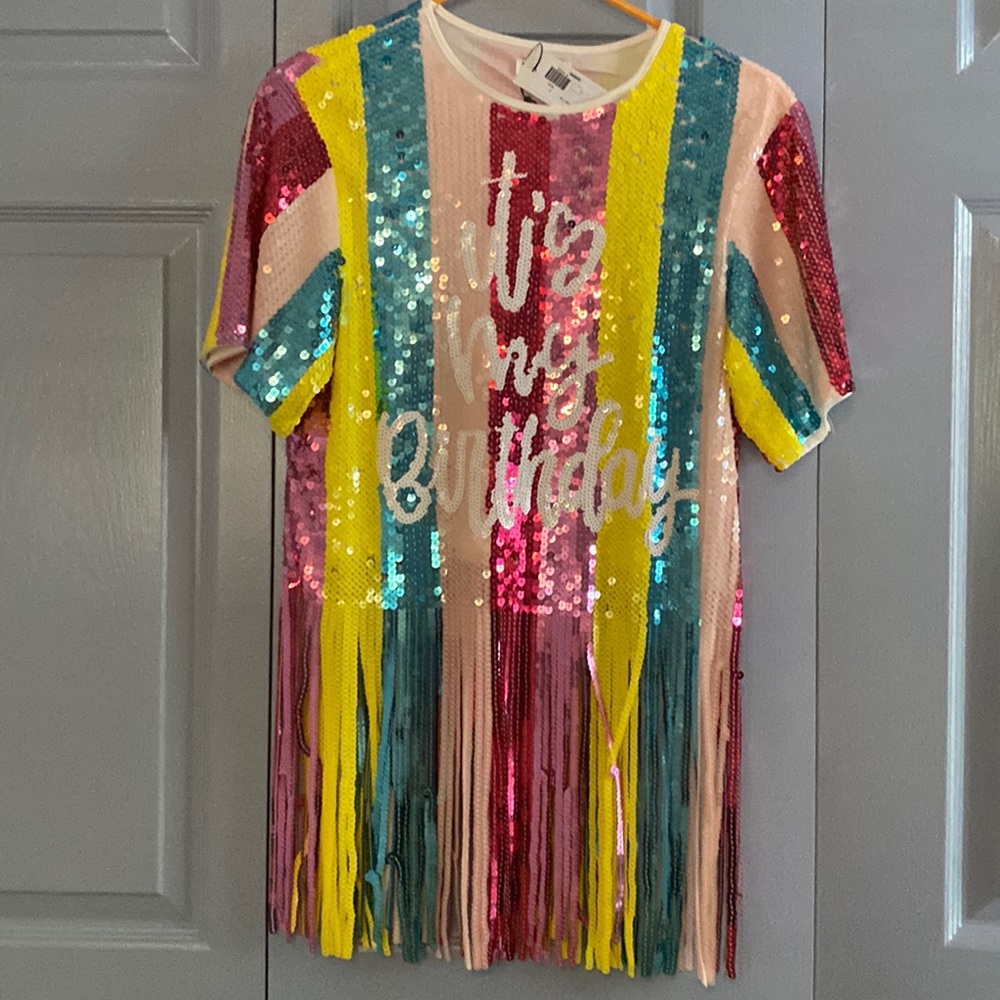 It’s My Birthday sequined fringe shirt Sz S